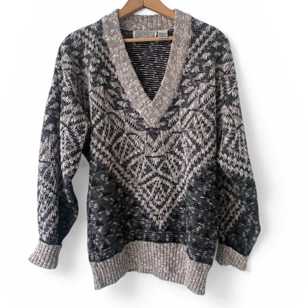 Vintage METHOD Textured Knit Sweater V Neck Geometric Taupe Black Size Large